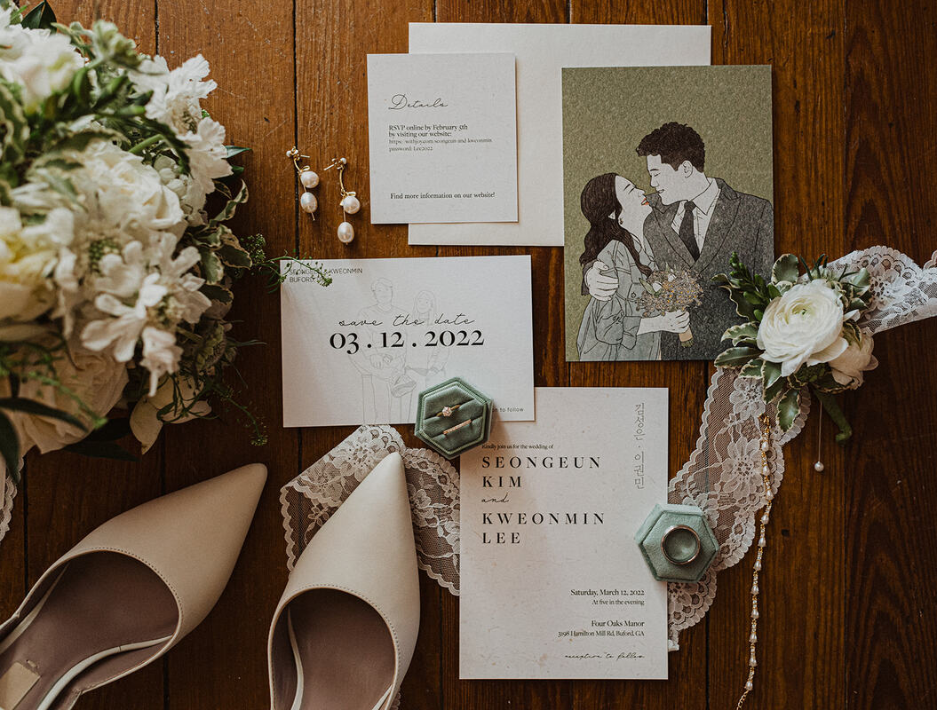 wedding invitation with bride's accessories and flowers