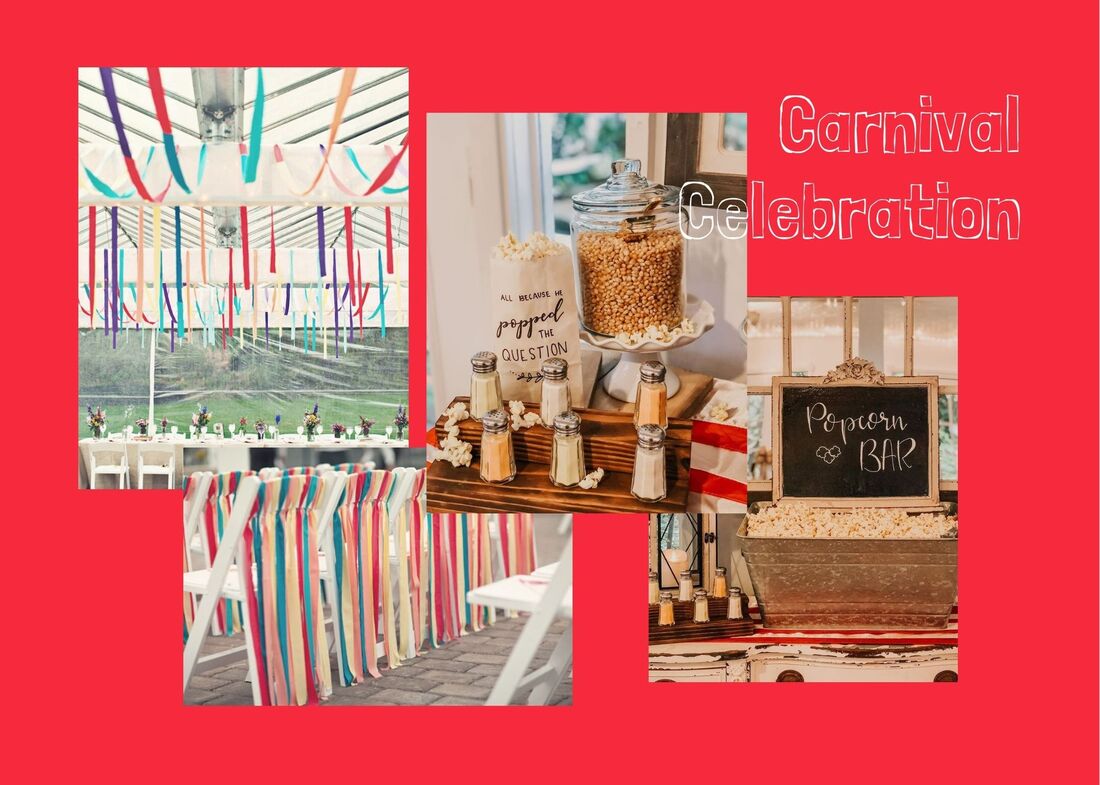 Carnival celebration mood board with colorful streamers and a popcorn bar