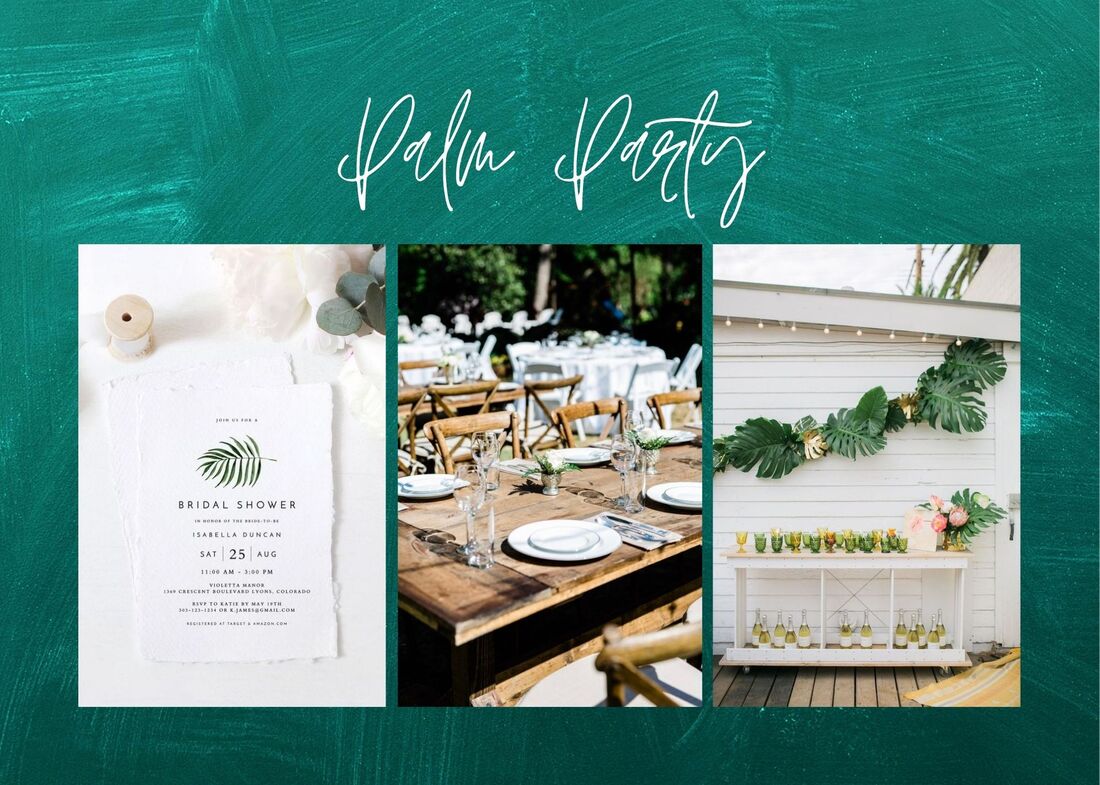 Palm party mood board with farm tables, simple invites, and palm leaf decorations