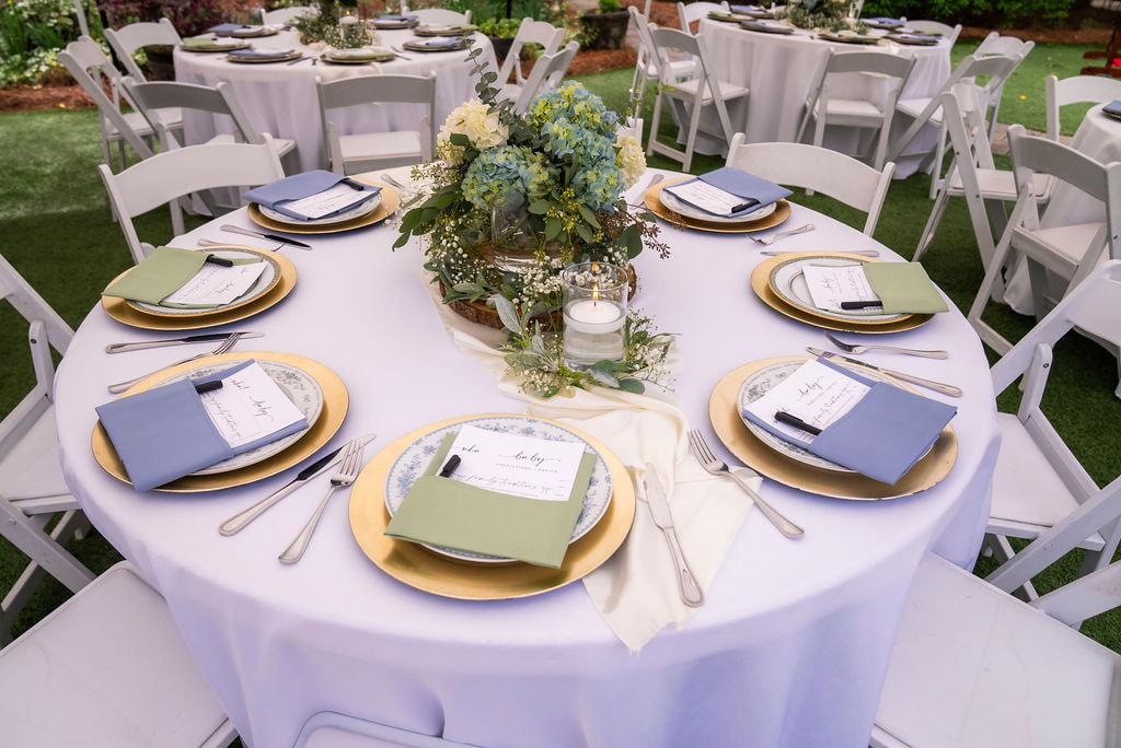 sage and dusty blue baby shower tables with hydrangea centerpieces