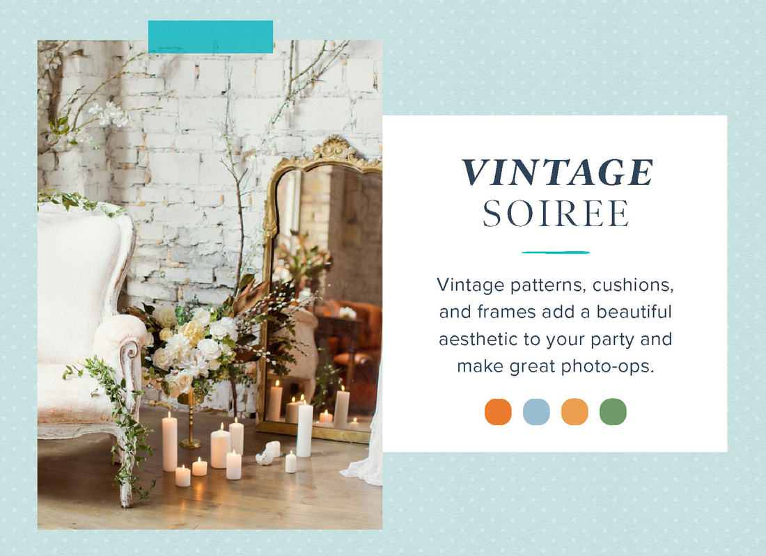 Vintage Soiree Mood Board with antique furniture and frames, candles, and floral arrangements