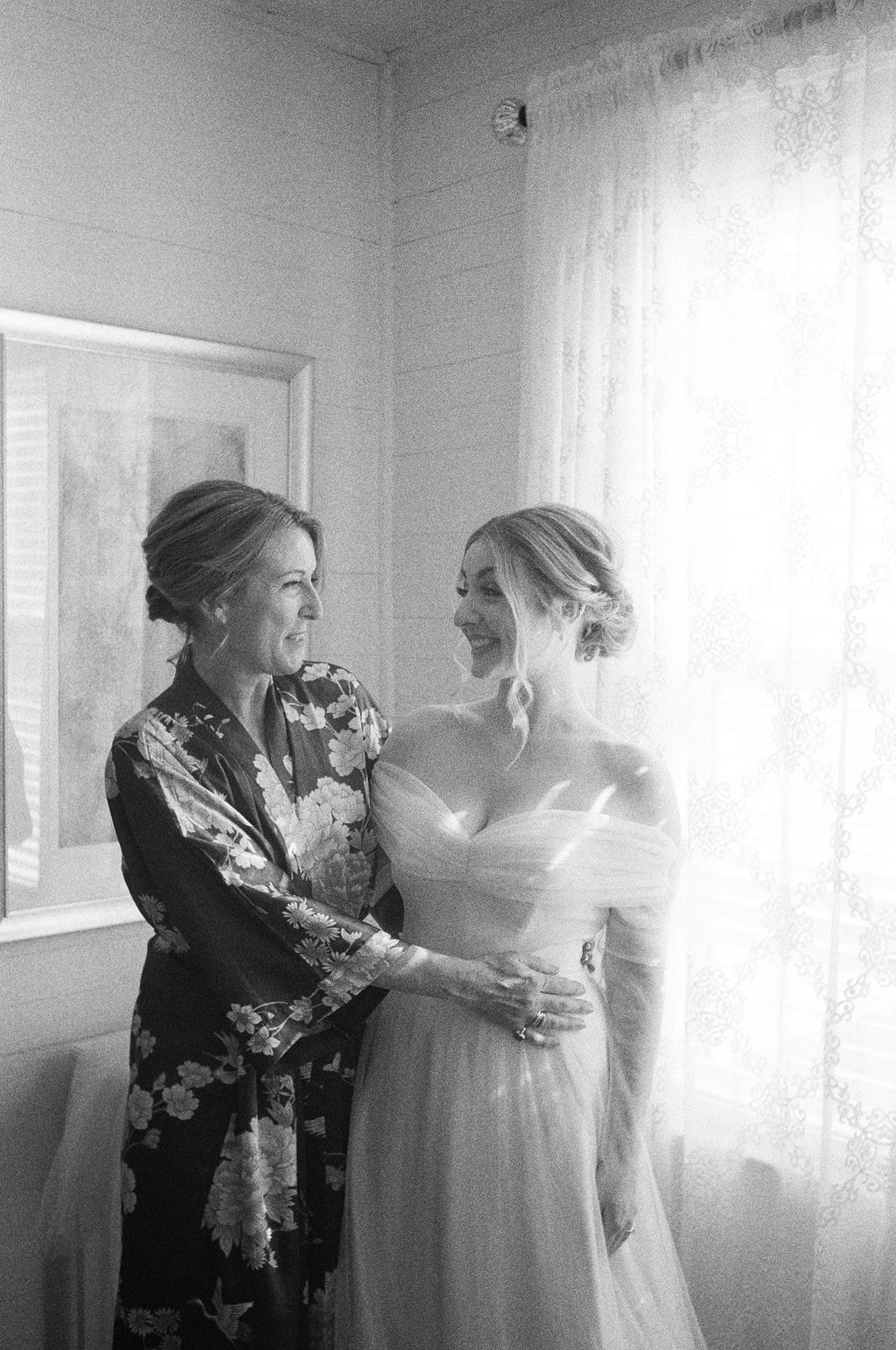 black and white film of bride and mom