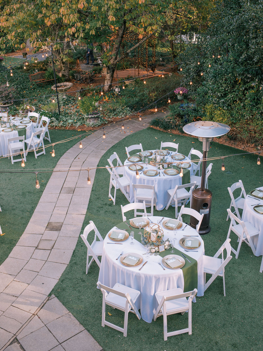 birds eye view of garden green and white wedding reception