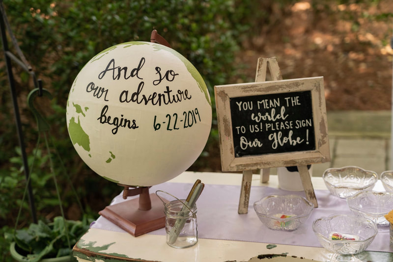 travel themed guestbook table with globe