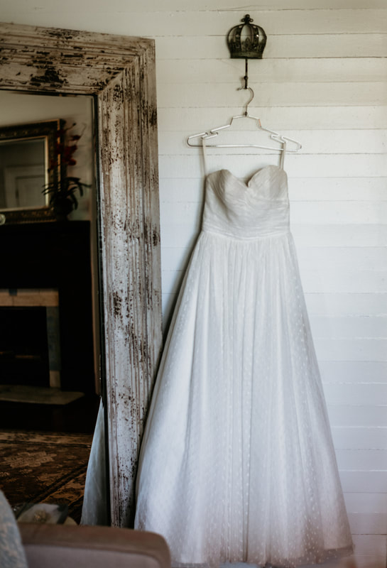 bride's strapless wedding gown hanging against white wall