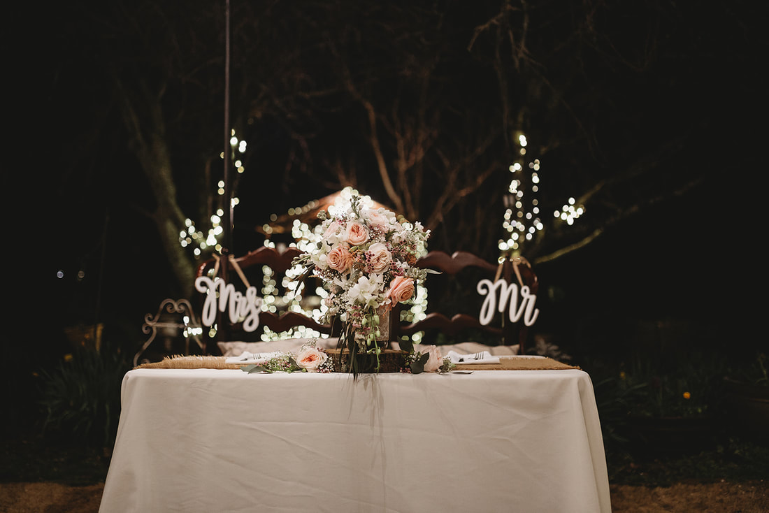 Sweetheart table with Mr. and Mrs. signs