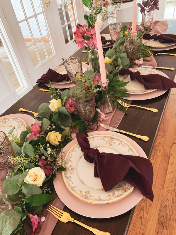 galentine's party table decor on farm table