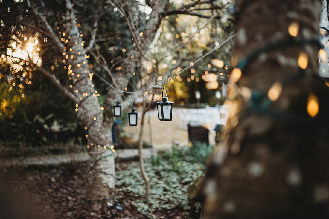 small, oiled bronze lanterns hanging from trees wrapped in lights