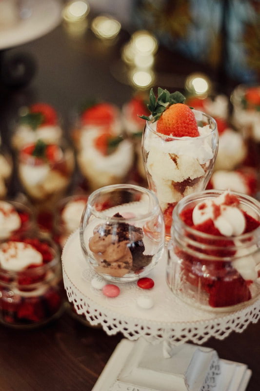 mini desserts of strawberry shortcakes, red velvet cake, and salted caramel