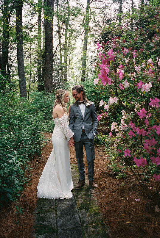 Spring wedding day with blooming azaleas