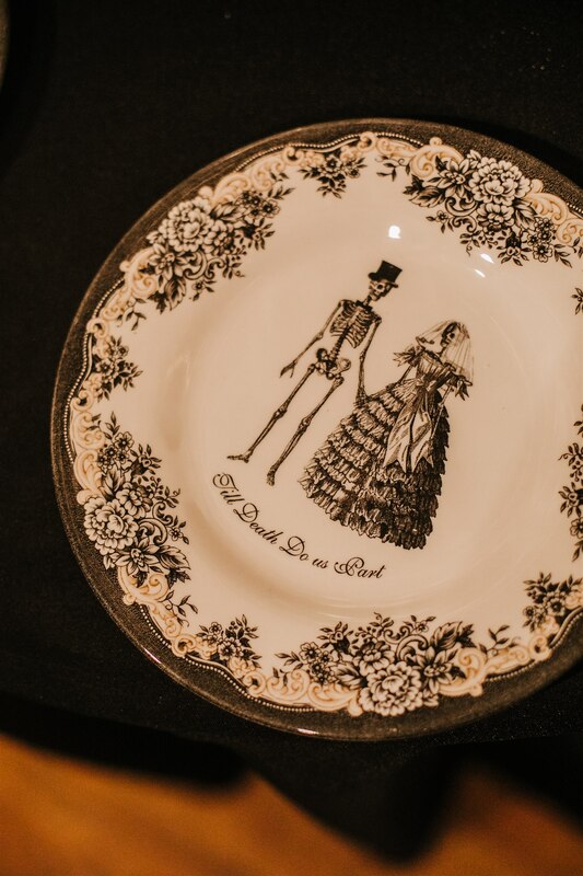 til death do us part floral cake plate with skeleton bride and groom