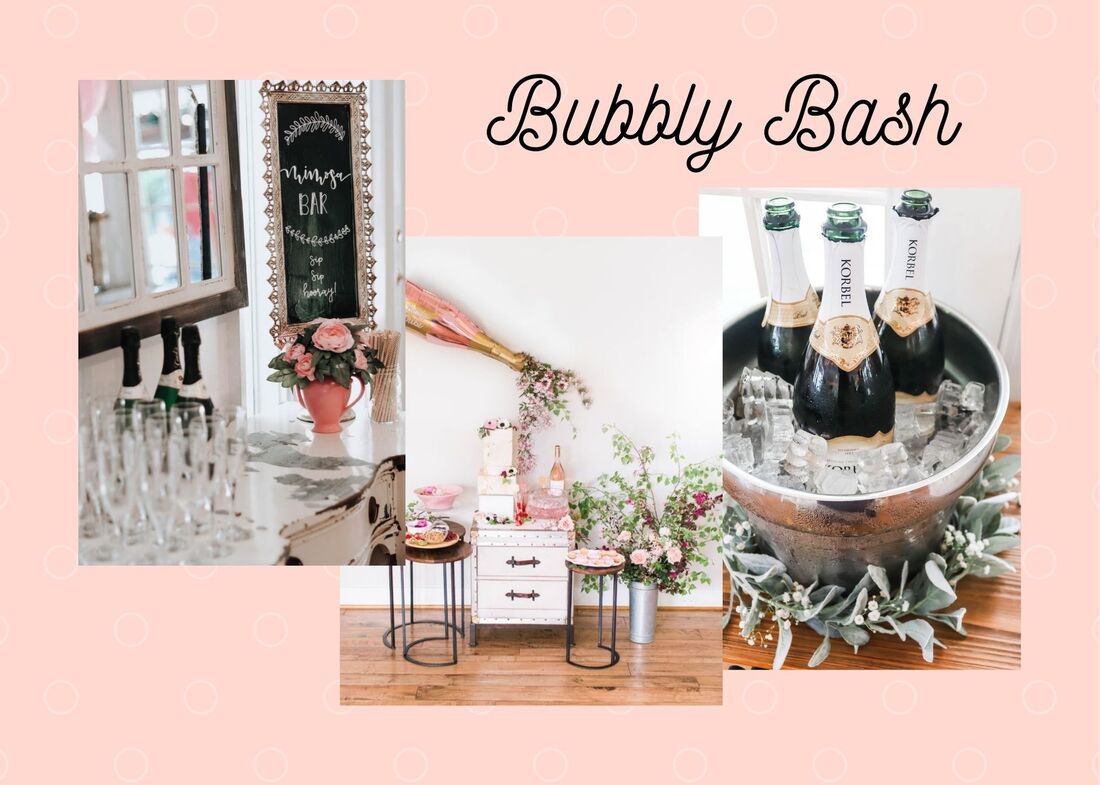 Bubbly Bash Mood Board with mimosa bar, rose decorations, and champagne