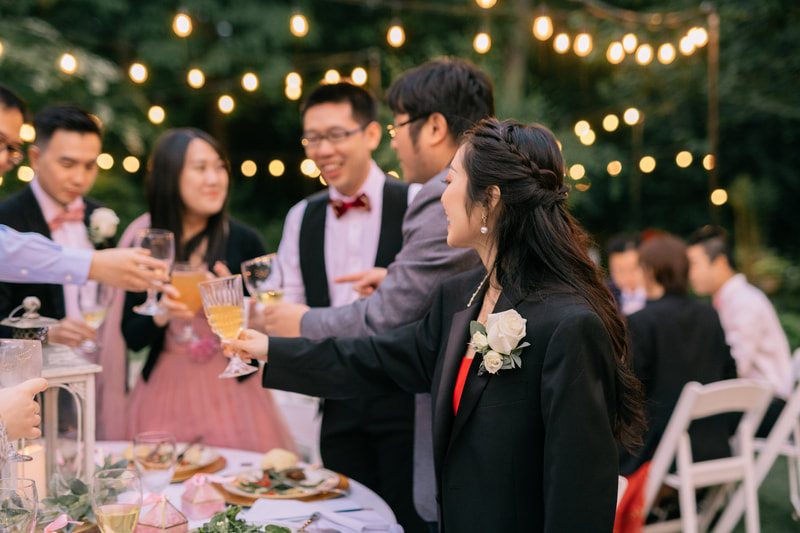 bride and groom toasting with guests