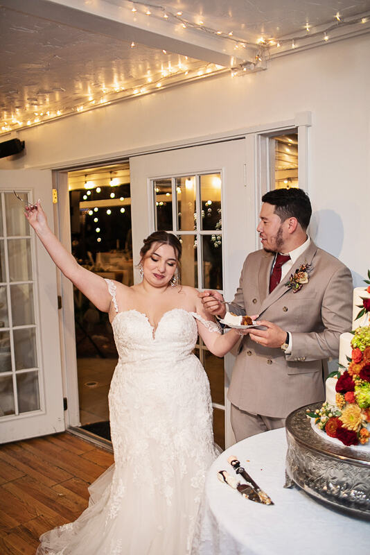 bride with arm in air during cake cutting