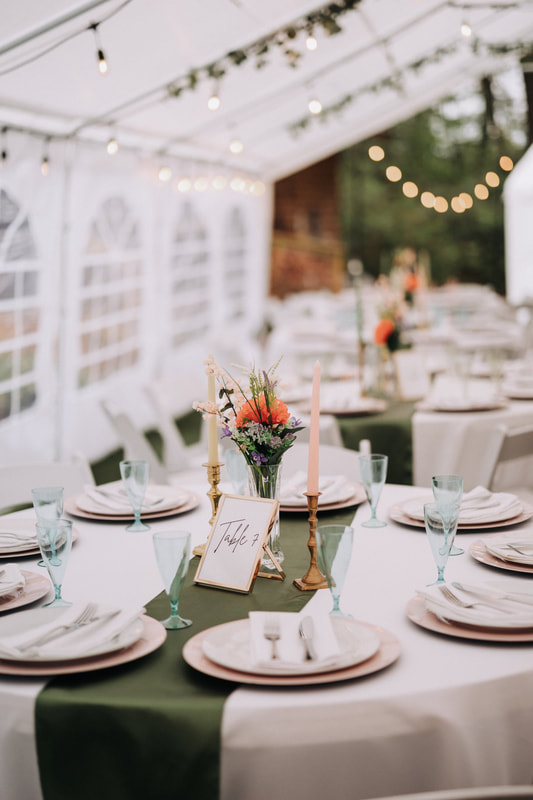 tented reception decor with green, blush, and floral decorations