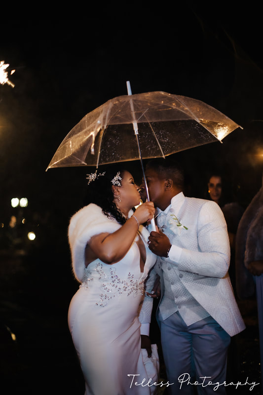 bride and groom kissing under clear umbrella during sparkler exit